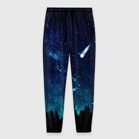 Мужские брюки 3D с принтом ЛЕС НОЧЬЮ в Санкт-Петербурге, 100% полиэстер | манжеты по низу, эластичный пояс регулируется шнурком, по бокам два кармана без застежек, внутренняя часть кармана из мелкой сетки | вселенная | деревья | звёзды | комета | космос | лес | ночь