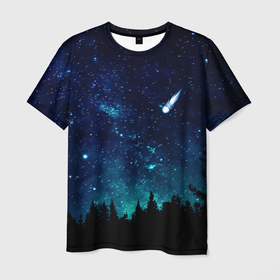 Мужская футболка 3D с принтом ЛЕС НОЧЬЮ в Курске, 100% полиэфир | прямой крой, круглый вырез горловины, длина до линии бедер | вселенная | деревья | звёзды | комета | космос | лес | ночь