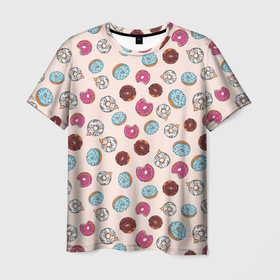 Мужская футболка 3D с принтом Пончики донаты паттерн в Белгороде, 100% полиэфир | прямой крой, круглый вырез горловины, длина до линии бедер | десерт | донаты | еда | паттерн | пончики | розовый | сладкое | шоколадный