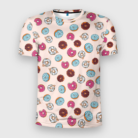 Мужская футболка 3D спортивная с принтом Пончики донаты паттерн , 100% полиэстер с улучшенными характеристиками | приталенный силуэт, круглая горловина, широкие плечи, сужается к линии бедра | Тематика изображения на принте: десерт | донаты | еда | паттерн | пончики | розовый | сладкое | шоколадный