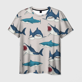 Мужская футболка 3D с принтом Кровожадные акулы паттерн , 100% полиэфир | прямой крой, круглый вырез горловины, длина до линии бедер | shark | акулы | кровожадные акулы | морские обитатели | опасный | паттерн | синий