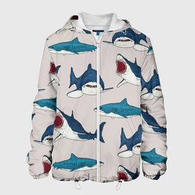 Мужская куртка 3D с принтом Кровожадные акулы паттерн в Новосибирске, ткань верха — 100% полиэстер, подклад — флис | прямой крой, подол и капюшон оформлены резинкой с фиксаторами, два кармана без застежек по бокам, один большой потайной карман на груди. Карман на груди застегивается на липучку | shark | акулы | кровожадные акулы | морские обитатели | опасный | паттерн | синий