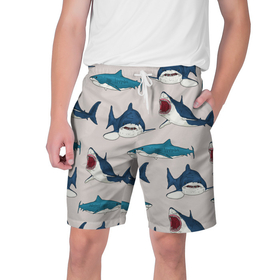 Мужские шорты 3D с принтом Кровожадные акулы паттерн в Екатеринбурге,  полиэстер 100% | прямой крой, два кармана без застежек по бокам. Мягкая трикотажная резинка на поясе, внутри которой широкие завязки. Длина чуть выше колен | shark | акулы | кровожадные акулы | морские обитатели | опасный | паттерн | синий