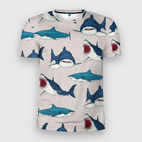 Мужская футболка 3D спортивная с принтом Кровожадные акулы паттерн в Курске, 100% полиэстер с улучшенными характеристиками | приталенный силуэт, круглая горловина, широкие плечи, сужается к линии бедра | Тематика изображения на принте: shark | акулы | кровожадные акулы | морские обитатели | опасный | паттерн | синий