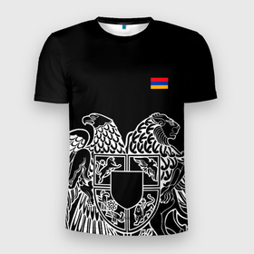 Мужская футболка 3D спортивная с принтом Герб Армении и флаг в Курске, 100% полиэстер с улучшенными характеристиками | приталенный силуэт, круглая горловина, широкие плечи, сужается к линии бедра | Тематика изображения на принте: армения | герб | лев и орел | лого | символ | флаг | флаг и герб армении