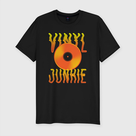 Мужская футболка хлопок Slim с принтом Vinyl Junkie в Курске, 92% хлопок, 8% лайкра | приталенный силуэт, круглый вырез ворота, длина до линии бедра, короткий рукав | dj | english | vinyl junkie | диджей | музыкант | пластинка | по английски