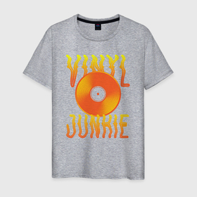 Мужская футболка хлопок с принтом Vinyl Junkie в Белгороде, 100% хлопок | прямой крой, круглый вырез горловины, длина до линии бедер, слегка спущенное плечо. | Тематика изображения на принте: dj | english | vinyl junkie | диджей | музыкант | пластинка | по английски