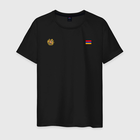 Мужская футболка хлопок с принтом Армения. Символика в Екатеринбурге, 100% хлопок | прямой крой, круглый вырез горловины, длина до линии бедер, слегка спущенное плечо. | армения | герб | лого | на черном | символ | символика армении | флаг | флаг и герб | черный фон | черный цвет