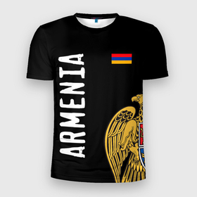 Мужская футболка 3D спортивная с принтом ARMENIA в Курске, 100% полиэстер с улучшенными характеристиками | приталенный силуэт, круглая горловина, широкие плечи, сужается к линии бедра | Тематика изображения на принте: armenia | армения | герб | лев и орел | лого | символ | флаг | флаг и герб армении