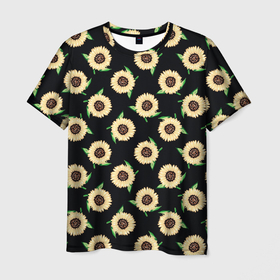 Мужская футболка 3D с принтом Подсолнухи паттерн в Петрозаводске, 100% полиэфир | прямой крой, круглый вырез горловины, длина до линии бедер | желтый | зеленый | паттерн | подсолнухи | цветы | черный