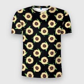 Мужская футболка 3D спортивная с принтом Подсолнухи паттерн , 100% полиэстер с улучшенными характеристиками | приталенный силуэт, круглая горловина, широкие плечи, сужается к линии бедра | желтый | зеленый | паттерн | подсолнухи | цветы | черный