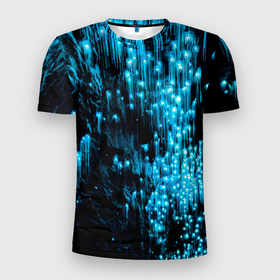 Мужская футболка 3D спортивная с принтом Глубокая пещера в Екатеринбурге, 100% полиэстер с улучшенными характеристиками | приталенный силуэт, круглая горловина, широкие плечи, сужается к линии бедра | абстракция | глубина | пещера | светлячки | синий