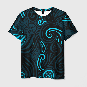 Мужская футболка 3D с принтом Лазурные листья , 100% полиэфир | прямой крой, круглый вырез горловины, длина до линии бедер | арт | лазурный | синий | ткань | узор