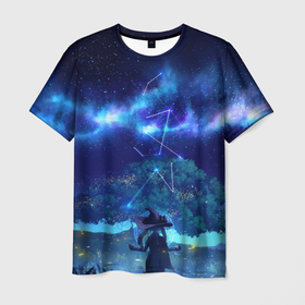 Мужская футболка 3D с принтом MONA GENSHIN IMPACT в Тюмени, 100% полиэфир | прямой крой, круглый вырез горловины, длина до линии бедер | багровая заря | геншин испакт | гидро | дерево | звезда | звезды | лес | мона | мона мегистус | мондштадт | небо | персонаж | светлячки | синее | синий | синяя | созвездие | созвездия | тейват