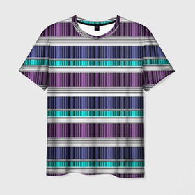 Мужская футболка 3D с принтом Бирюзово-сиреневый полосатый  в Тюмени, 100% полиэфир | прямой крой, круглый вырез горловины, длина до линии бедер | абстрактный | бирюзовый | модный | разноцветный полосы | серый | современный | фиолетовый