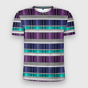 Мужская футболка 3D спортивная с принтом Бирюзово-сиреневый полосатый  в Тюмени, 100% полиэстер с улучшенными характеристиками | приталенный силуэт, круглая горловина, широкие плечи, сужается к линии бедра | абстрактный | бирюзовый | модный | разноцветный полосы | серый | современный | фиолетовый