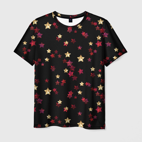 Мужская футболка 3D с принтом Блестящие звезды на черном в Белгороде, 100% полиэфир | прямой крой, круглый вырез горловины, длина до линии бедер | абстрактный | блеск | детский | женский | звезды | золото | золотые звезды