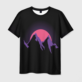 Мужская футболка 3D с принтом горы на фоне заката в Екатеринбурге, 100% полиэфир | прямой крой, круглый вырез горловины, длина до линии бедер | 80s | горы | закат | киберпанк | минимализм | неон | неоновый закат | розовое солнце | розовый | фиолетовый