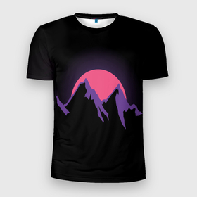 Мужская футболка 3D спортивная с принтом горы на фоне заката в Петрозаводске, 100% полиэстер с улучшенными характеристиками | приталенный силуэт, круглая горловина, широкие плечи, сужается к линии бедра | 80s | горы | закат | киберпанк | минимализм | неон | неоновый закат | розовое солнце | розовый | фиолетовый