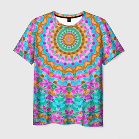 Мужская футболка 3D с принтом разноцветный калейдоскоп  в Санкт-Петербурге, 100% полиэфир | прямой крой, круглый вырез горловины, длина до линии бедер | Тематика изображения на принте: детский | женский | калейдоскоп | круглый | орнамент | розовый | этнический