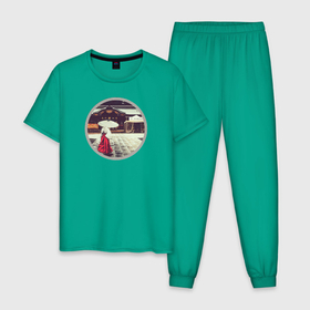 Мужская пижама хлопок с принтом Прогулка в Екатеринбурге, 100% хлопок | брюки и футболка прямого кроя, без карманов, на брюках мягкая резинка на поясе и по низу штанин
 | вывеска | зонт | иероглиф | кимоно | улица
