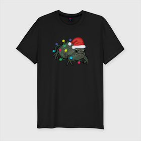 Мужская футболка хлопок Slim с принтом Недовольная лягуха в Новый Год в Новосибирске, 92% хлопок, 8% лайкра | приталенный силуэт, круглый вырез ворота, длина до линии бедра, короткий рукав | frog | иллюстрация | лягуха | лягушка | лягушка в колпаке санта клауса | лягушка в лампочках | недовольная лягушка | новогодний | новый год | праздничная лягушка | рисунок | черная дождевая лягушка
