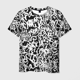 Мужская футболка 3D с принтом Graffiti white on black в Белгороде, 100% полиэфир | прямой крой, круглый вырез горловины, длина до линии бедер | абстракция | граффити | надписи | надписи текстура | паттерн граффити | текстура | текстура граффити | шрифт