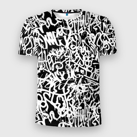 Мужская футболка 3D спортивная с принтом Graffiti white on black , 100% полиэстер с улучшенными характеристиками | приталенный силуэт, круглая горловина, широкие плечи, сужается к линии бедра | Тематика изображения на принте: абстракция | граффити | надписи | надписи текстура | паттерн граффити | текстура | текстура граффити | шрифт