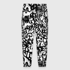 Мужские брюки 3D с принтом Graffiti black on white в Тюмени, 100% полиэстер | манжеты по низу, эластичный пояс регулируется шнурком, по бокам два кармана без застежек, внутренняя часть кармана из мелкой сетки | Тематика изображения на принте: абстракция | граффити | надписи | надписи текстура | паттерн граффити | текстура | текстура граффити | шрифт
