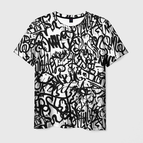 Мужская футболка 3D с принтом Graffiti black on white в Новосибирске, 100% полиэфир | прямой крой, круглый вырез горловины, длина до линии бедер | абстракция | граффити | надписи | надписи текстура | паттерн граффити | текстура | текстура граффити | шрифт