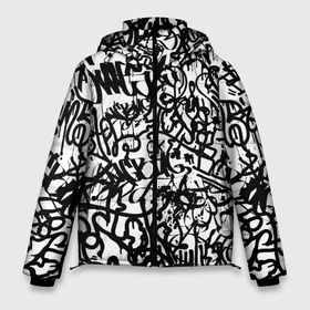 Мужская зимняя куртка 3D с принтом Graffiti black on white в Петрозаводске, верх — 100% полиэстер; подкладка — 100% полиэстер; утеплитель — 100% полиэстер | длина ниже бедра, свободный силуэт Оверсайз. Есть воротник-стойка, отстегивающийся капюшон и ветрозащитная планка. 

Боковые карманы с листочкой на кнопках и внутренний карман на молнии. | абстракция | граффити | надписи | надписи текстура | паттерн граффити | текстура | текстура граффити | шрифт