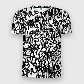 Мужская футболка 3D спортивная с принтом Graffiti black on white , 100% полиэстер с улучшенными характеристиками | приталенный силуэт, круглая горловина, широкие плечи, сужается к линии бедра | Тематика изображения на принте: абстракция | граффити | надписи | надписи текстура | паттерн граффити | текстура | текстура граффити | шрифт