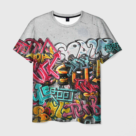 Мужская футболка 3D с принтом Graffiti on the wall , 100% полиэфир | прямой крой, круглый вырез горловины, длина до линии бедер | абстракция | граффити | надписи | надписи текстура | паттерн граффити | текстура | текстура граффити | шрифт