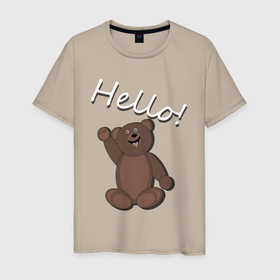 Мужская футболка хлопок с принтом Hello world в Санкт-Петербурге, 100% хлопок | прямой крой, круглый вырез горловины, длина до линии бедер, слегка спущенное плечо. | Тематика изображения на принте: hello | medved | smile | teddy | мишка | радость