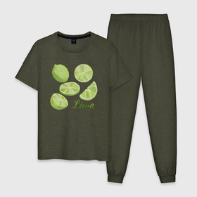 Мужская пижама хлопок с принтом Lime в Тюмени, 100% хлопок | брюки и футболка прямого кроя, без карманов, на брюках мягкая резинка на поясе и по низу штанин
 | арт | иллюстрация | кислый фрукт | лайм | лимон