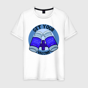 Мужская футболка хлопок с принтом Get Your Caccine в Тюмени, 100% хлопок | прямой крой, круглый вырез горловины, длина до линии бедер, слегка спущенное плечо. | вакцина | вакцинация | иллюстрация | корона | коронавирус