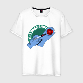 Мужская футболка хлопок с принтом Get Your Shot в Тюмени, 100% хлопок | прямой крой, круглый вырез горловины, длина до линии бедер, слегка спущенное плечо. | вакцинация | вирус | иллюстрация | корона | коронавирус