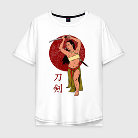 Мужская футболка хлопок Oversize с принтом Женщина ронин в Екатеринбурге, 100% хлопок | свободный крой, круглый ворот, “спинка” длиннее передней части | воин | иллюстрация | катана | ронин | самурай | япония