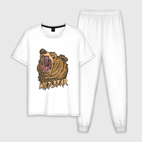 Мужская пижама хлопок с принтом Wild Bear , 100% хлопок | брюки и футболка прямого кроя, без карманов, на брюках мягкая резинка на поясе и по низу штанин
 | Тематика изображения на принте: гризли | дикий | иллюстрация | медведь | мишка