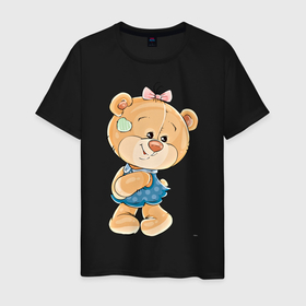 Мужская футболка хлопок с принтом Милое солнышко в Новосибирске, 100% хлопок | прямой крой, круглый вырез горловины, длина до линии бедер, слегка спущенное плечо. | бант | детское | медведь | медвежонок | милое солнышко | мишка | плюшевая игрушка | плюшевый