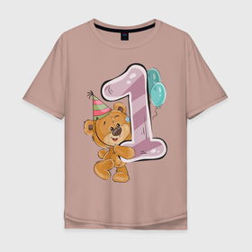 Мужская футболка хлопок Oversize с принтом Первый годик в Тюмени, 100% хлопок | свободный крой, круглый ворот, “спинка” длиннее передней части | день рожденья | детское | единица | медведь | медвежонок | мишка | один | первый год | первый годик | плюшевая игрушка | плюшевый | с днем рожденья | шарики