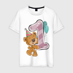 Мужская футболка хлопок с принтом Первый годик в Тюмени, 100% хлопок | прямой крой, круглый вырез горловины, длина до линии бедер, слегка спущенное плечо. | день рожденья | детское | единица | медведь | медвежонок | мишка | один | первый год | первый годик | плюшевая игрушка | плюшевый | с днем рожденья | шарики