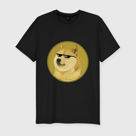 Мужская футболка хлопок Slim с принтом Dogecoin в Новосибирске, 92% хлопок, 8% лайкра | приталенный силуэт, круглый вырез ворота, длина до линии бедра, короткий рукав | crypto | cryptocurrency | dogecoin | криптовалюта | мемы | собакомонета | экономика