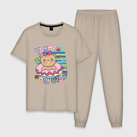 Мужская пижама хлопок с принтом Мишка в пончике в Новосибирске, 100% хлопок | брюки и футболка прямого кроя, без карманов, на брюках мягкая резинка на поясе и по низу штанин
 | Тематика изображения на принте: девочка | медведь | медвежонок | мишка | пончик | сладости