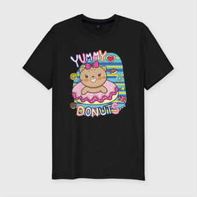 Мужская футболка хлопок Slim с принтом Мишка в пончике в Екатеринбурге, 92% хлопок, 8% лайкра | приталенный силуэт, круглый вырез ворота, длина до линии бедра, короткий рукав | девочка | медведь | медвежонок | мишка | пончик | сладости