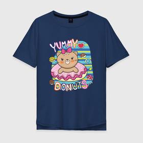 Мужская футболка хлопок Oversize с принтом Мишка в пончике в Новосибирске, 100% хлопок | свободный крой, круглый ворот, “спинка” длиннее передней части | Тематика изображения на принте: девочка | медведь | медвежонок | мишка | пончик | сладости