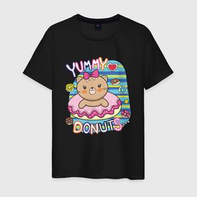Мужская футболка хлопок с принтом Мишка в пончике в Белгороде, 100% хлопок | прямой крой, круглый вырез горловины, длина до линии бедер, слегка спущенное плечо. | девочка | медведь | медвежонок | мишка | пончик | сладости