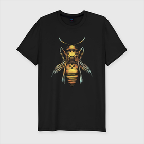Мужская футболка хлопок Slim с принтом Акварельная пчела в Санкт-Петербурге, 92% хлопок, 8% лайкра | приталенный силуэт, круглый вырез ворота, длина до линии бедра, короткий рукав | Тематика изображения на принте: bee | акварель | акварельная пчела | большая пчела | насекомое | пчела | реалистичная пчела