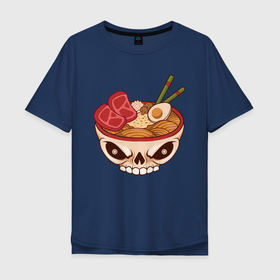 Мужская футболка хлопок Oversize с принтом Лапша в черепе в Курске, 100% хлопок | свободный крой, круглый ворот, “спинка” длиннее передней части | Тематика изображения на принте: еда | китайская лапша | лапша | мясо | роллтон | череп | японское блюдо