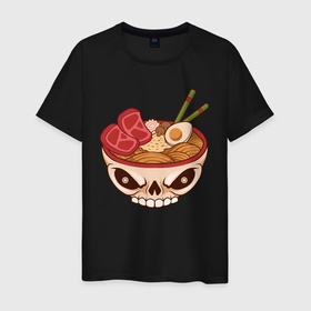 Мужская футболка хлопок с принтом Лапша в черепе в Курске, 100% хлопок | прямой крой, круглый вырез горловины, длина до линии бедер, слегка спущенное плечо. | Тематика изображения на принте: еда | китайская лапша | лапша | мясо | роллтон | череп | японское блюдо
